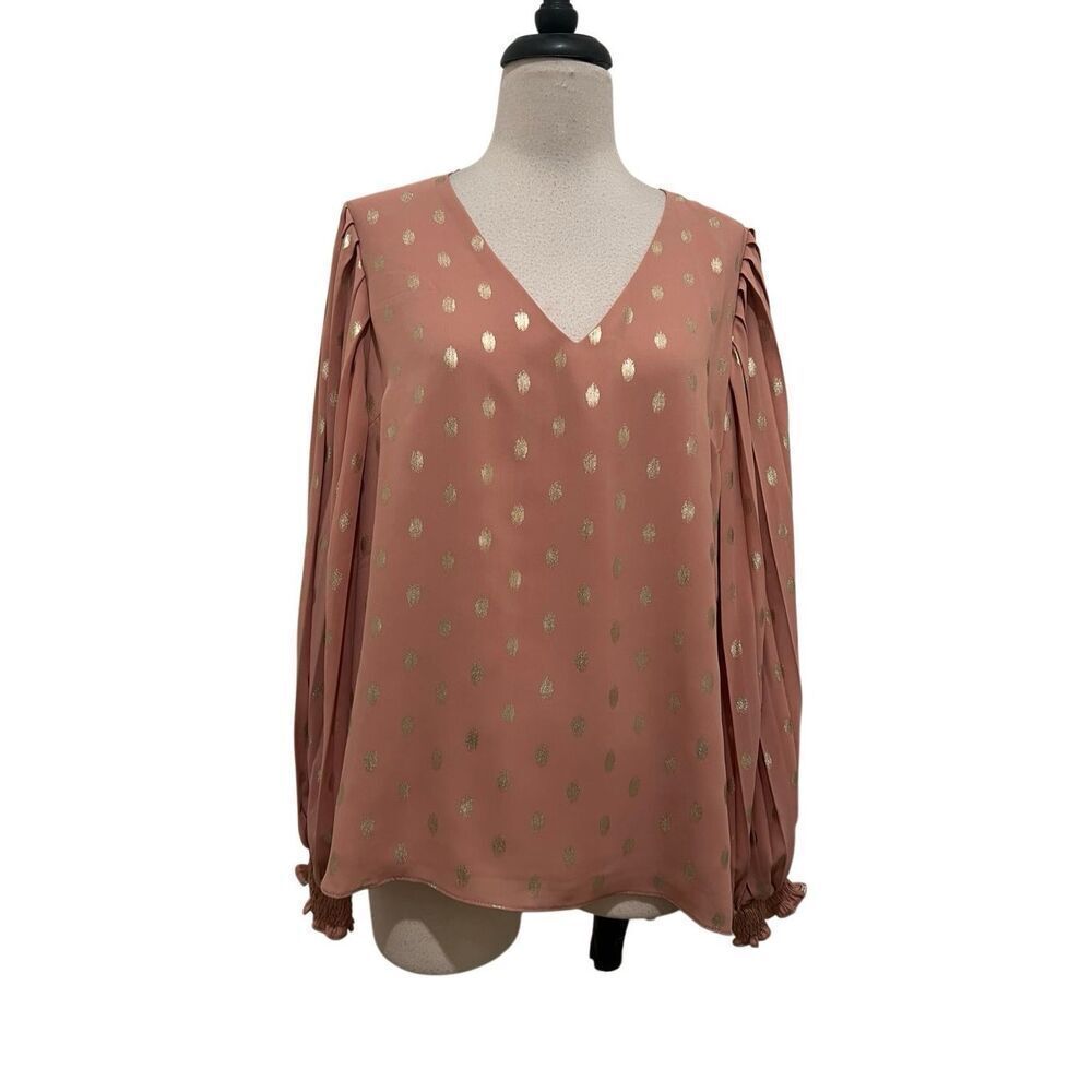 Allie Rose Women's Long Sleeve Foiled Dots V-Neck Blouse Pink Gold Medium